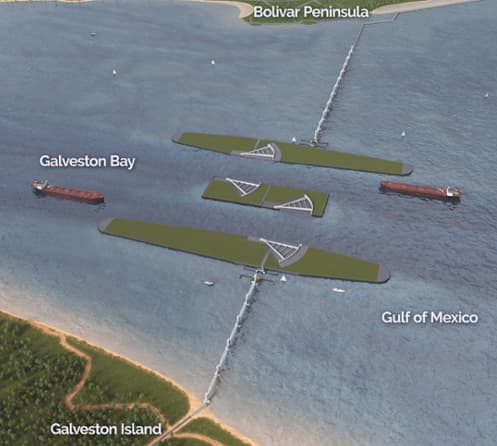 Aerial view of the Bolivar Roads Gate System, courtesy of The Coastal Texas Study led by the U.S. Army Corps of Engineers (USACE) in partnership with its non-federal cost-share sponsor, the Texas General Land Office.
